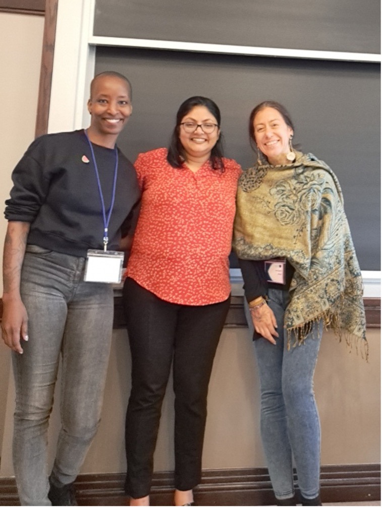 Dr. Dutta (middle) with Desirée Salis (left) and Amanda Nkeramihigo (right) of Psychology's Feminist Voices at SQIP conference,
Boston College, Chestnut Hill, Massachusetts, June 16, 2024.